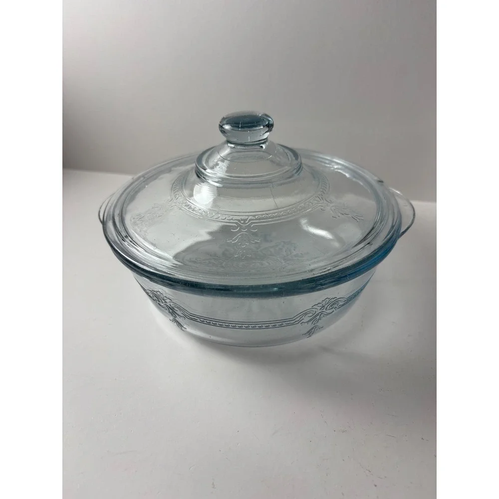 Fire King Philbe Sapphire Blue Glass Casserole Dish with Lid Embossed Filigree